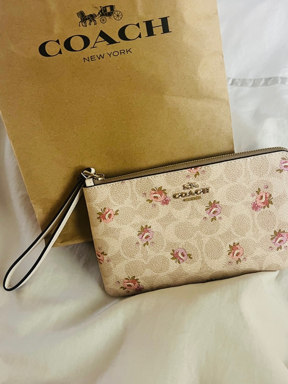 COACH Beige Floral Wristlet Clutch with Pink Roses